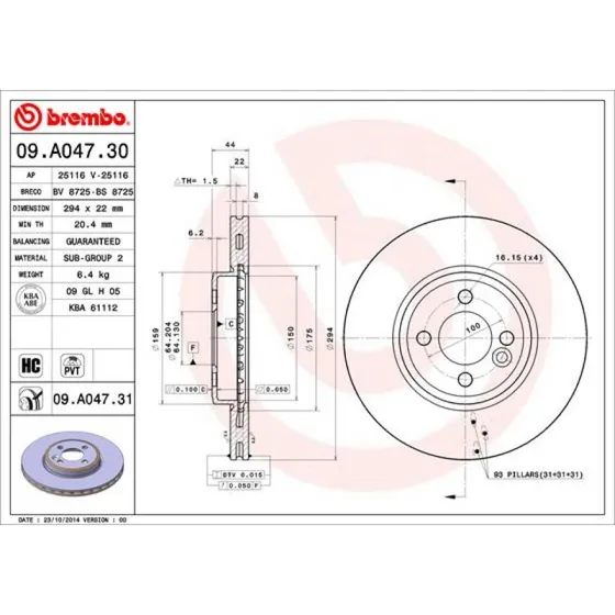 Brembo Bremseskive 09.A047.31 for MINI (22 mm, ventileret)