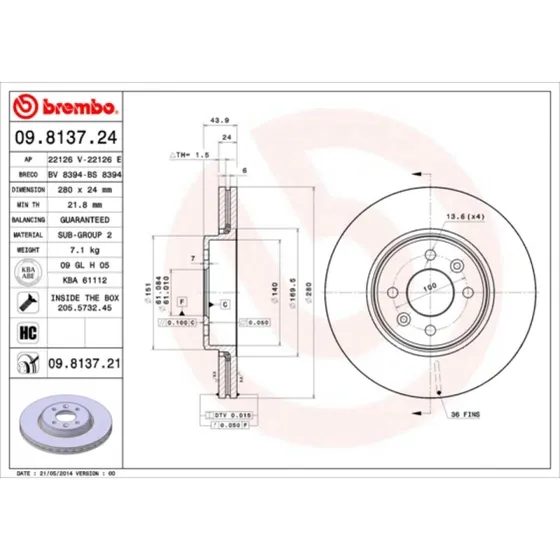 Brembo Bremseskive 09.8137.21 for Renault/Dacia