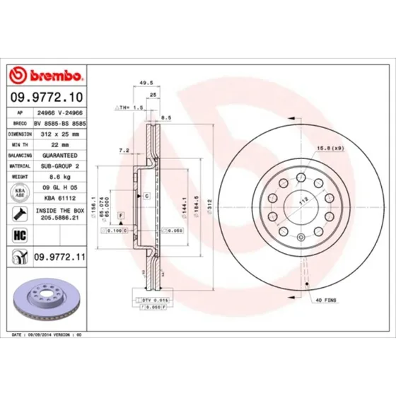 Brembo Bremseskive 09.9772.11, for VW, Audi, Skoda, 25 mm tyk
