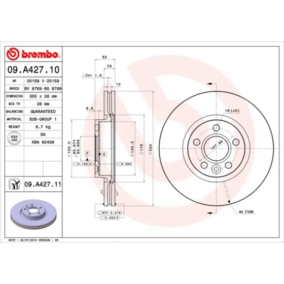Brembo Bremseskive 09.A427.11 for Ford, Volvo, Land Rover