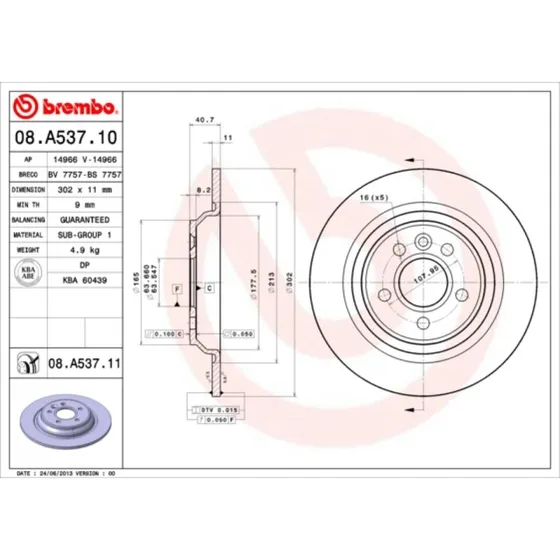 Brembo Bremseskive 08.A537.11 for Volvo (bagaksel, coatet)