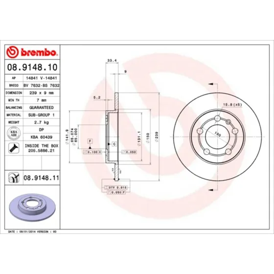 Brembo Bremseskive 08.9148.11 for VW, Audi, Skoda