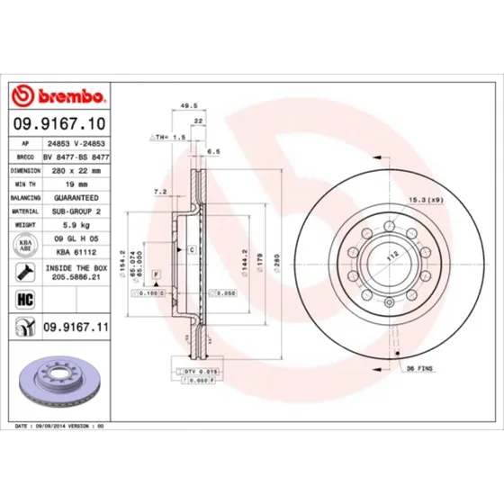 Brembo Bremseskive 09.9167.11 for VW, Audi, Skoda