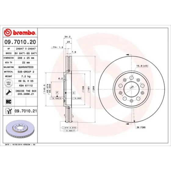 Brembo Bremseskive 09.7010.21 for VW/Audi/Skoda 15-16"