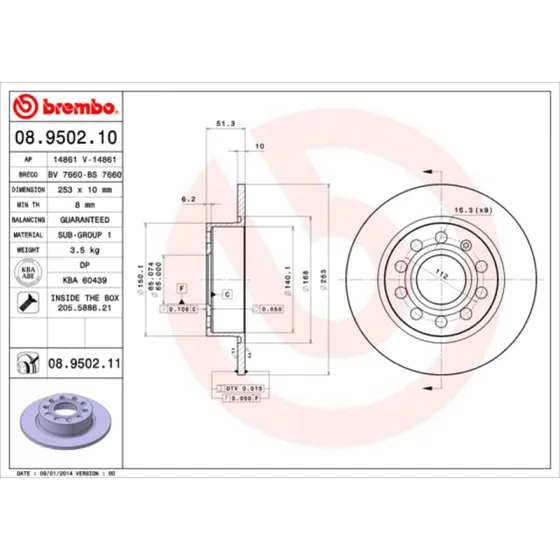 Brembo Bremseskive 08.9502.11 for VW/Audi/Seat/Skoda