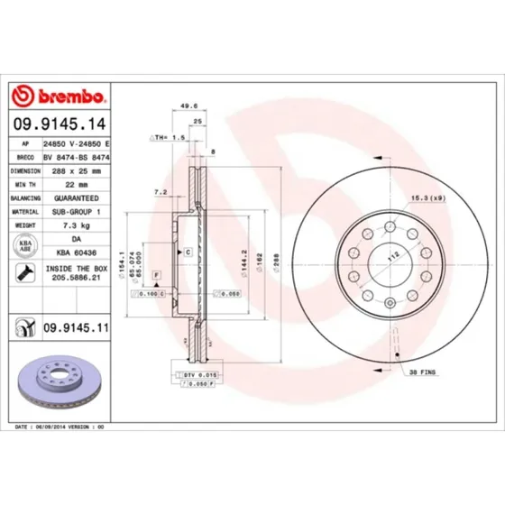 Brembo Bremseskive 09.9145.11 for VW, Audi, Skoda