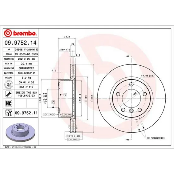 Brembo Bremseskive 09.9752.11, 22 mm, foraksel, indvendigt ventileret
