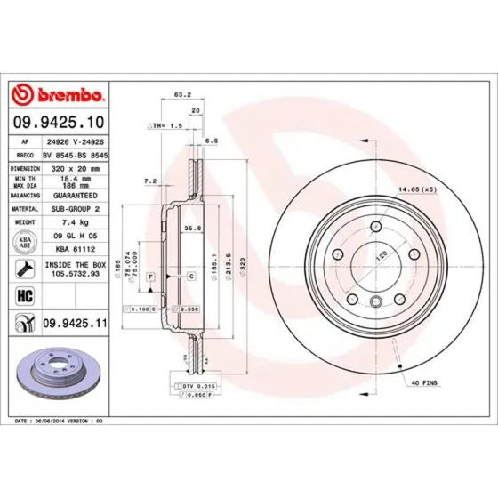 Brembo Bremseskive 09.9425.11, 320 mm, bagaksel, Prime