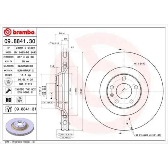 Brembo Bremseskive 09.8841.31 for Audi A6 C6 Allroad