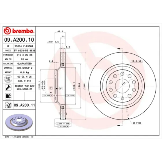 Brembo Bremseskive 09.A200.11 for VW, Audi, Mercedes-Benz