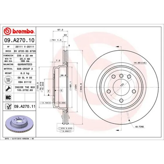 Brembo Bremseskive 09.A270.11, 336 mm, indvendigt ventileret, til BMW 3, X1