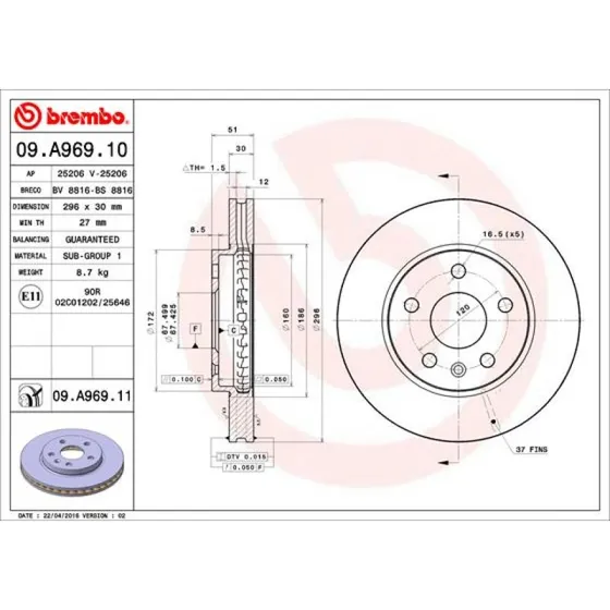 Brembo Bremseskive 09.A969.10 for Opel, Chevrolet, Saab