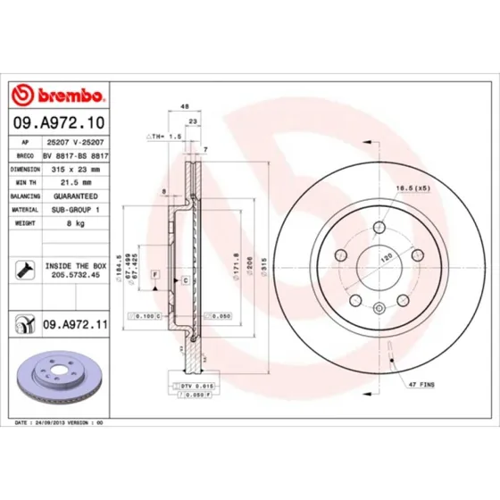 Brembo Bremseskive 09.A972.11, indvendigt ventileret, til Opel, Chevrolet, Saab