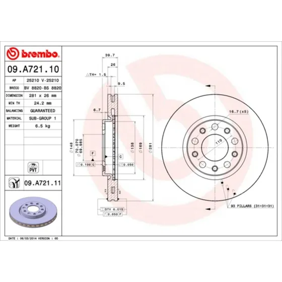 Brembo Bremseskive 09.A721.11 for FIAT, Jeep, Alfa Romeo