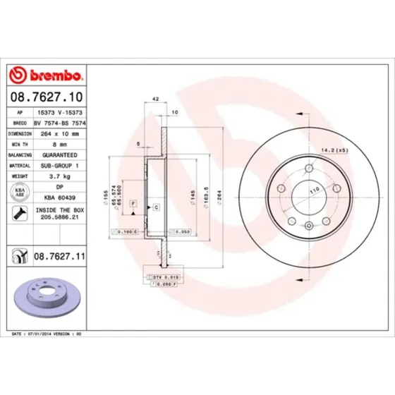 Brembo Bremseskive 08.7627.11 for Opel/Chevrolet/Vauxhall