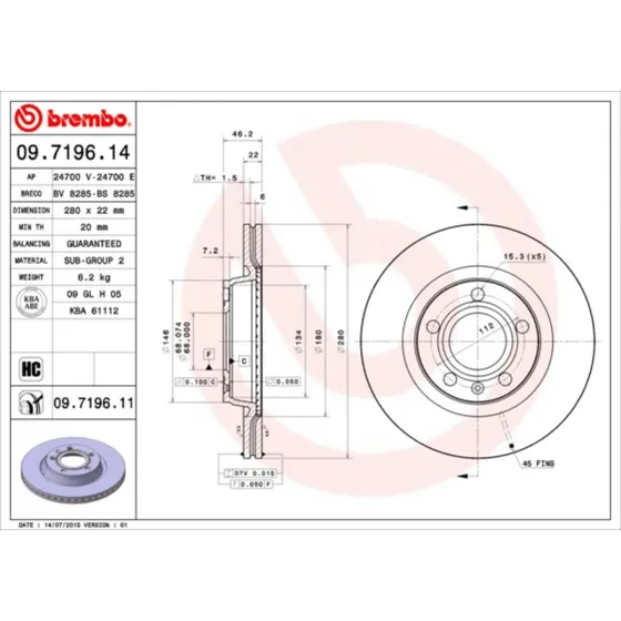 Brembo Bremseskive 09.7196.11 for VW, Audi, Seat