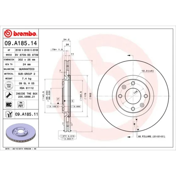 Brembo Bremseskive 09.A185.11 for Opel, Peugeot, Citroën