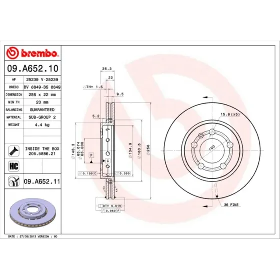 Brembo Bremseskive 09.A652.11, 22 mm, indvendigt ventileret, til VW/Audi/Skoda