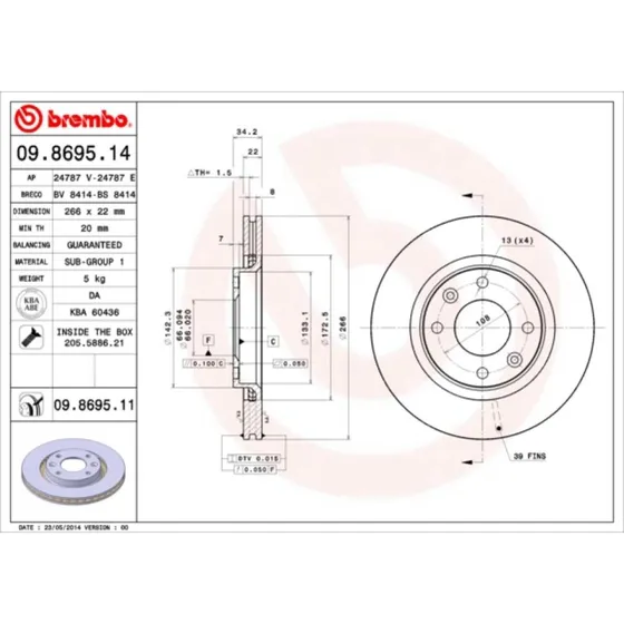 Brembo Bremseskive 09.8695.11, 22 mm tyk, foraksel, indvendigt ventileret
