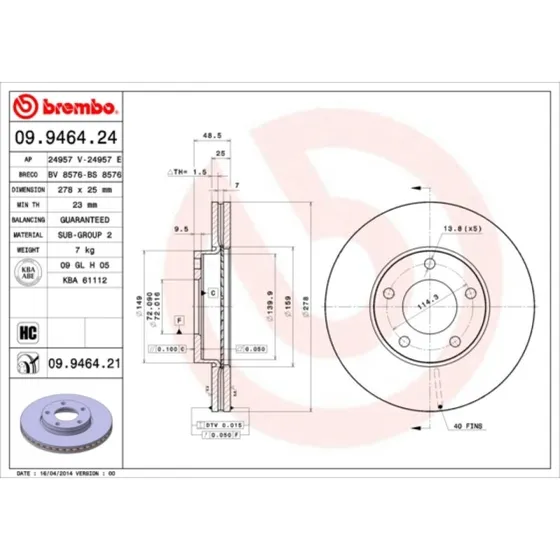 Brembo Bremseskive 09.9464.21 for Mazda 3/5 (2011+)