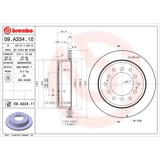 Brembo Bremseskive 09.A334.11, 4243160130-4243160270, bagaksel, 18 mm