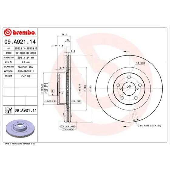Brembo Bremseskive 09.A921.11 for Toyota GR 86 & Subaru BRZ