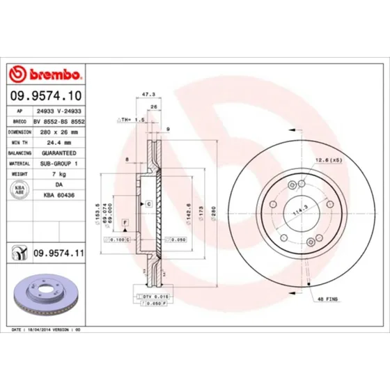 Brembo Bremseskive 09.9574.11 for Hyundai/Kia