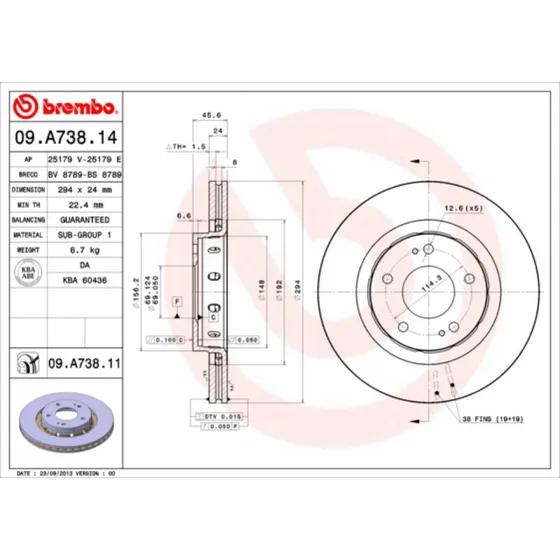 Brembo Bremseskive 09.A738.11 for Peugeot, Citroën, Mitsubishi