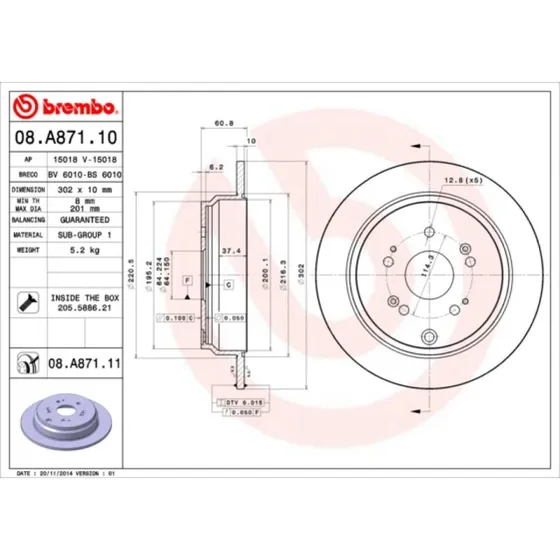 Brembo Bremseskive 08.A871.10 til Honda CR-V III/IV