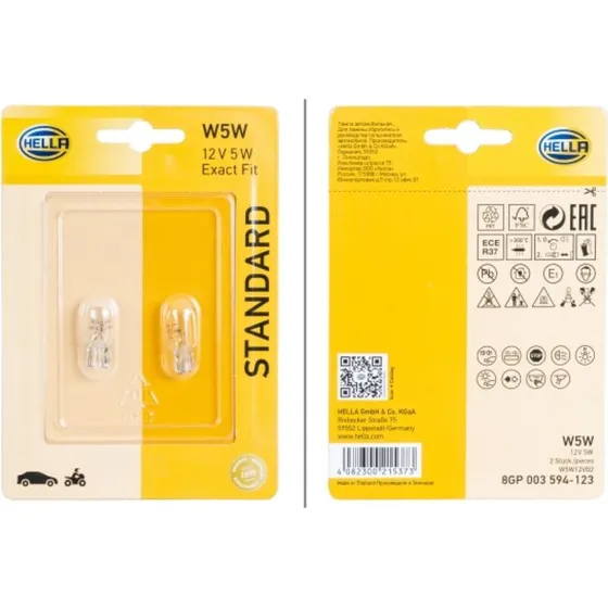HELLA Glødepære W5W B170992, 2 stk, gennemsigtig