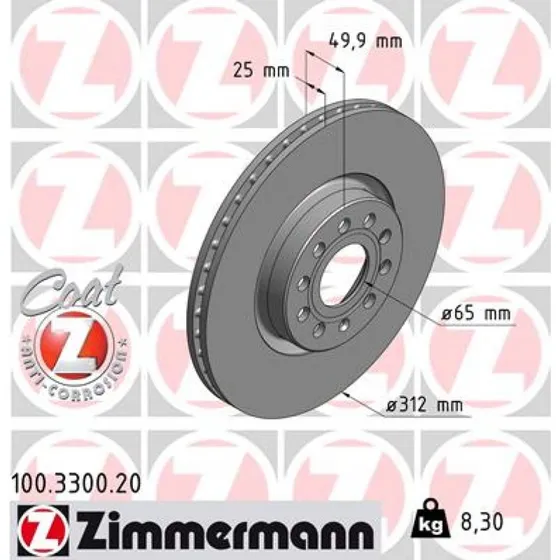 ZIMMERMANN Bremseskive 100.3300.20 COAT Z, 312 mm, foraksel, indvendigt ventileret