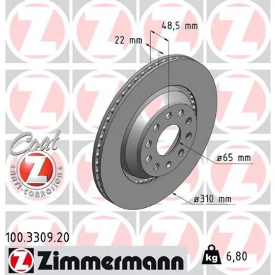 ZIMMERMANN Bremseskive 100.3309.20, 310 mm, COAT Z, til VW, AUDI, SKODA, CUPRA, SEAT