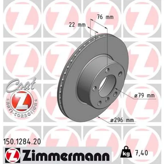 ZIMMERMANN Bremseskive 150.1284.20 COAT Z, 296 mm, foraksel, indvendigt ventileret