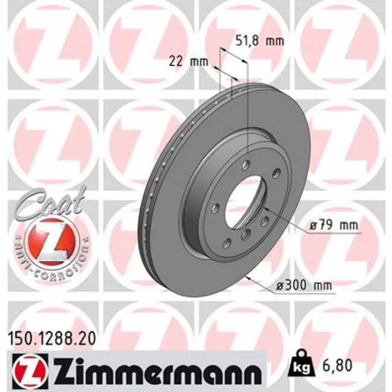 ZIMMERMANN Bremseskive 150.1288.20 COAT Z, 300 mm, foraksel, højkarboniseret