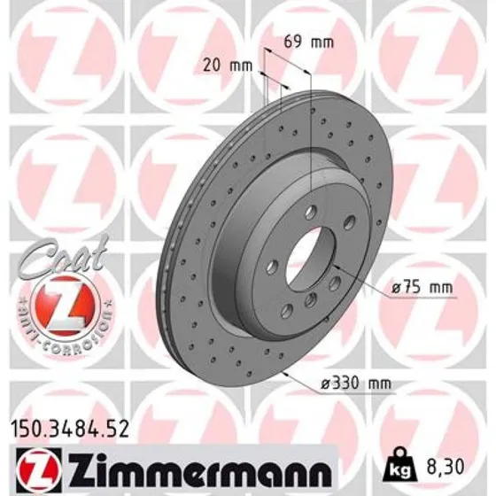 ZIMMERMANN Bremseskive 150.3484.52 SPORT COAT Z, bagaksel, 330 mm