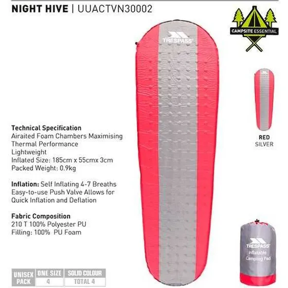 Trespass Night Hive - Selvoppustelig liggeunderlag, Rød 185x55x3 cm