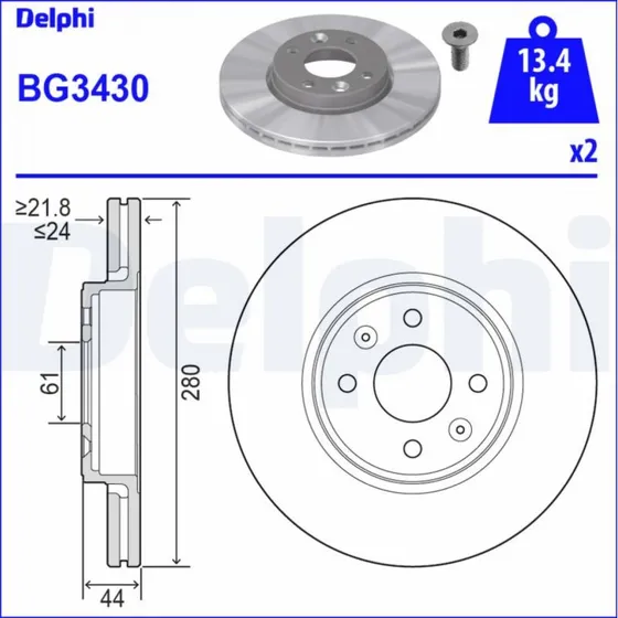 DELPHI Bremseskive BG3430, ventileret, 280 mm, foraksel