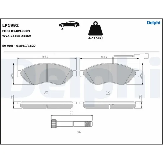 DELPHI Bremseklodser LP1992, 169,4 mm, Semi-Metallic, til FIAT, TOYOTA, PEUGEOT