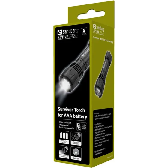 Sandberg Survivor Torch – Sort LED-lommelygte til 3×AAA