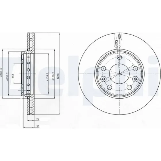 DELPHI Bremseskive BG4265C 280mm ventileret, 5 hul, højkarboniseret