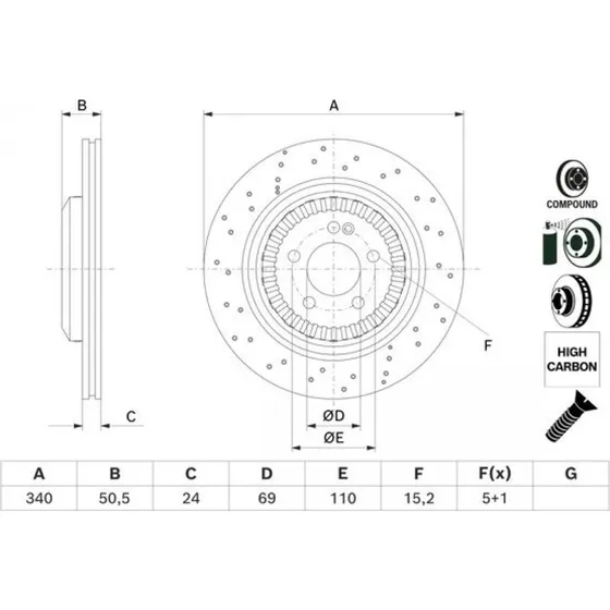 BOSCH Bremseskive 0 986 479 H40, ventileret, 340 mm, til Mercedes-Benz S-klasse