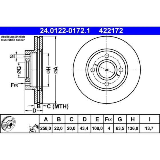 ATE Bremseskive 24.0122-0172.1, ventileret, til Ford Fiesta, Focus, Mazda 121