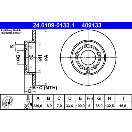 ATE Bremseskive 24.0109-0133.1 for VW, Audi, Skoda