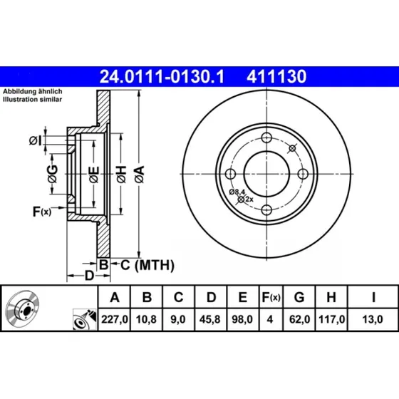 ATE Bremseskive 24.0111-0130.1 for FIAT, SEAT, LANCIA