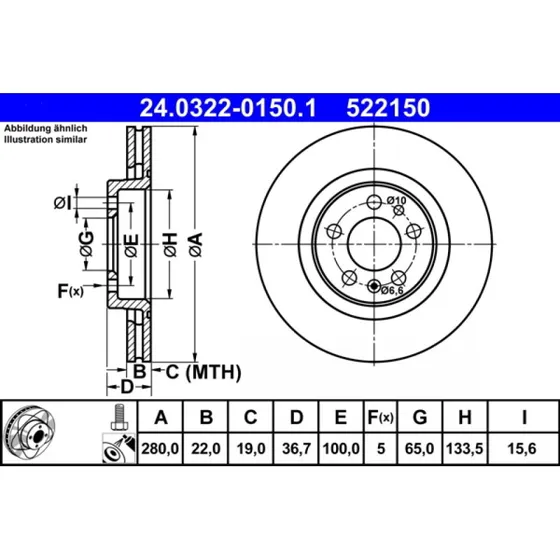 ATE PowerDisc Bremseskive 24.0322-0150.1 for VW, Audi, Skoda