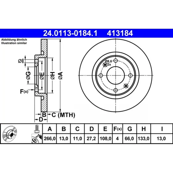 ATE Bremseskive 24.0113-0184.1 for PEUGEOT/CITROËN