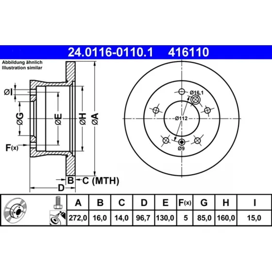 ATE Bremseskive 24.0116-0110.1 for VW og Mercedes-Benz