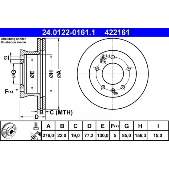 ATE Bremseskive 24.0122-0161.1 for VW og Mercedes-Benz