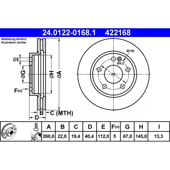 ATE Bremseskive 24.0122-0168.1 for Mercedes-Benz A-Class
