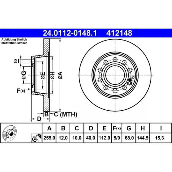 ATE Bremseskive 24.0112-0148.1 for AUDI A4 B6/B7, SEAT EXEO